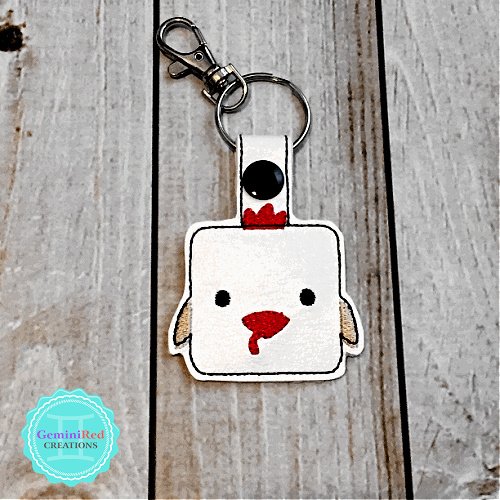 Square Chicken Embroidered Vinyl Key Fob