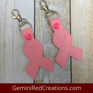 Pink Ribbon Embroidered Vinyl Key Fob